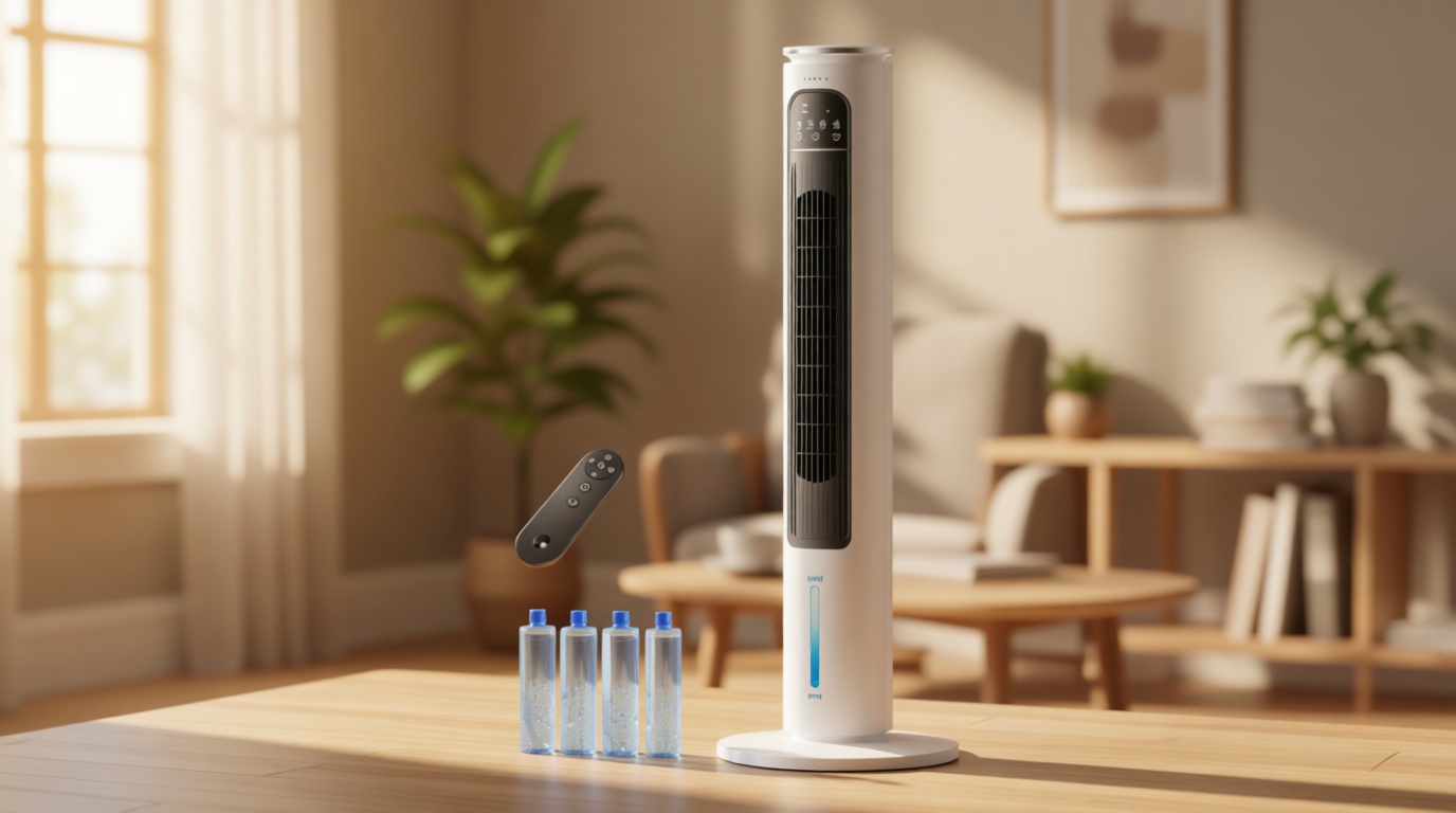 Windowless Portable Air Conditioner Ac Unit with Remote,37” Ventless Evaporative Air Cooler,Quiet Swamp Cooler for 4 Modes, Ductless Tower Fan For 12H Timer, Ice Packs for home White