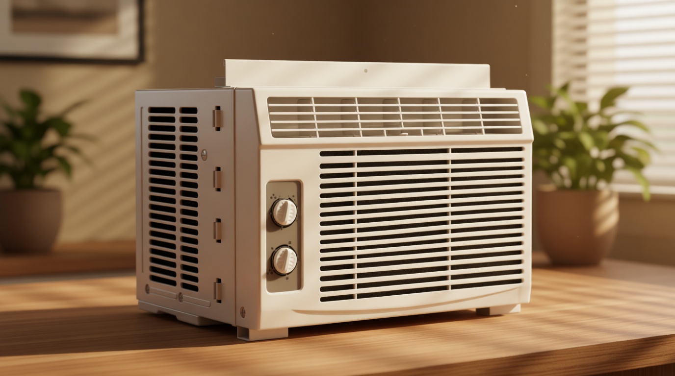 Amazon Basics 5000-BTU Window Air Conditioner with Quiet Operation, Up to 150 Sqf, Cool and Fan Functions, Washable Filter, Adjustable Window Kit, Intuitive Mechanical Controls, for Small Room, White