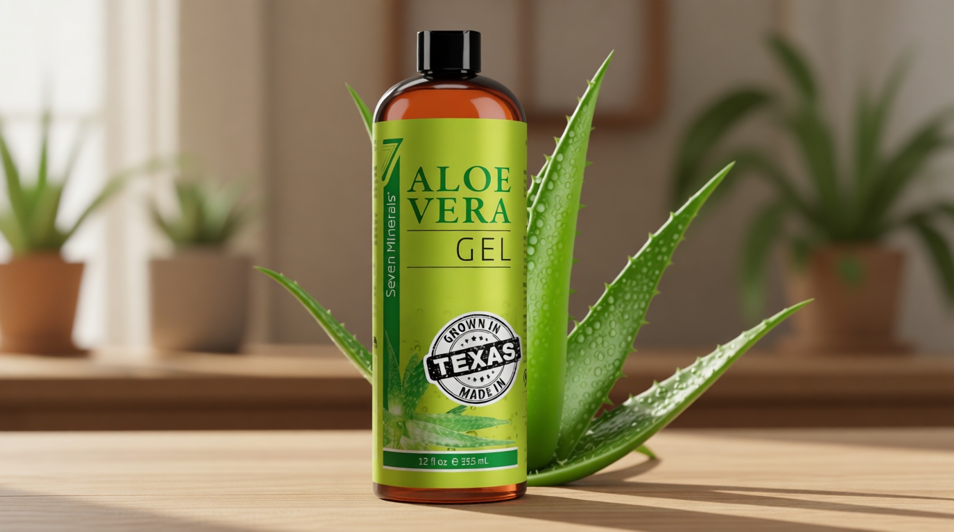 Seven Minerals Organic Aloe Vera Gel from freshly cut 100% Pure Aloe - Big 12oz - HighestQuality, Texas grown, Vegan, Unscented - For Face, Skin, Hair, Sunburn relief ClimatePartner certified