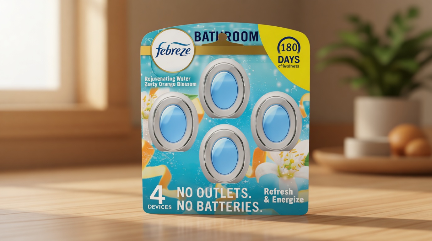 Febreze Bathroom Air Freshener, Odor-Fighting, Plug In Alternative, Air Fresheners for Small Spaces in Home, Bathroom, Kitchen, & Closet, Pet & Litter Box Odor Fighter, Refresh & Energize Scent, 4ct