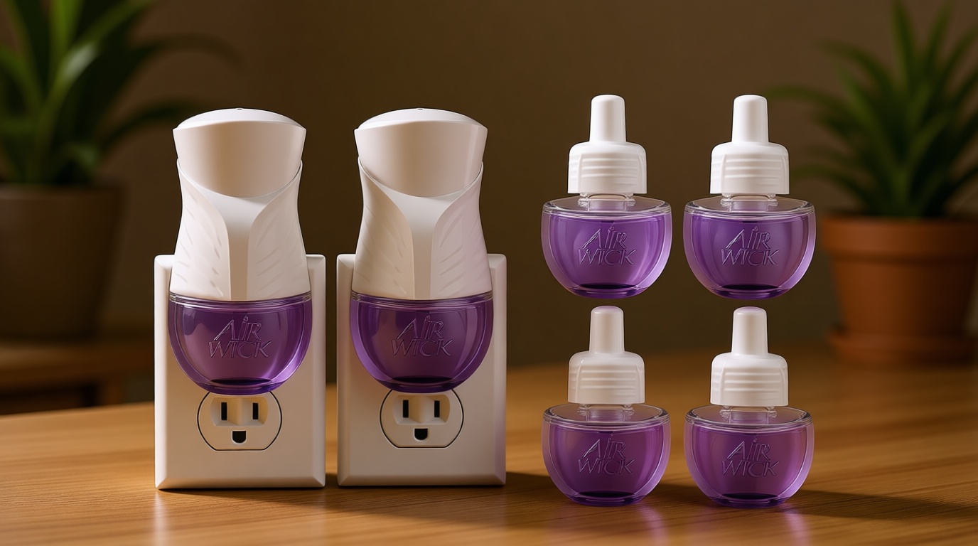 Air Wick Plug in Scented Oil Starter Kit, 2 Warmers + 6 Refills, Lavender & Chamomile, Eco Friendly, Essential Oils, Air Freshener