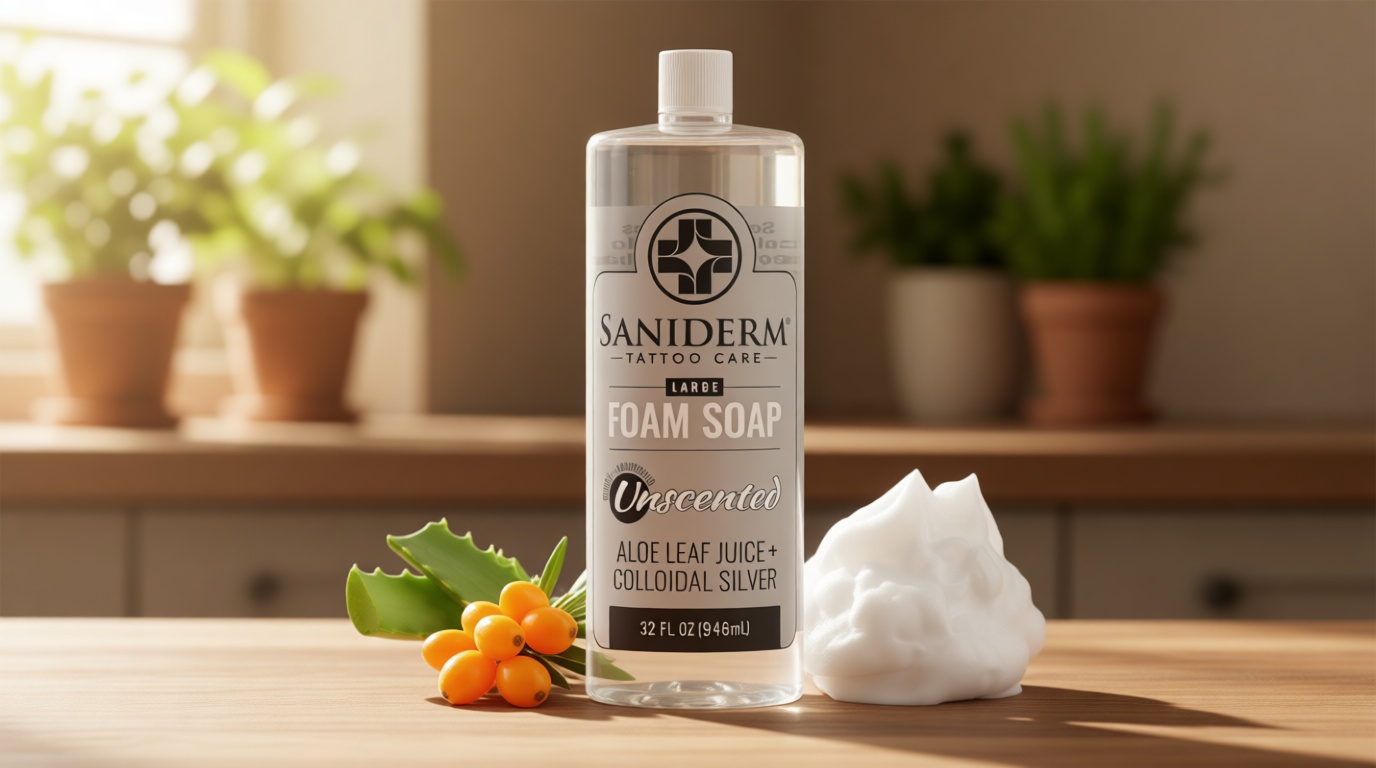 Saniderm Foaming Tattoo Soap (32oz Shop Size) – Gentle Soap for Tattooed Skin, Infused with Antimicrobial Colloidal Silver, Aloe Vera, and Nourishing Sea Buckthorn Oil