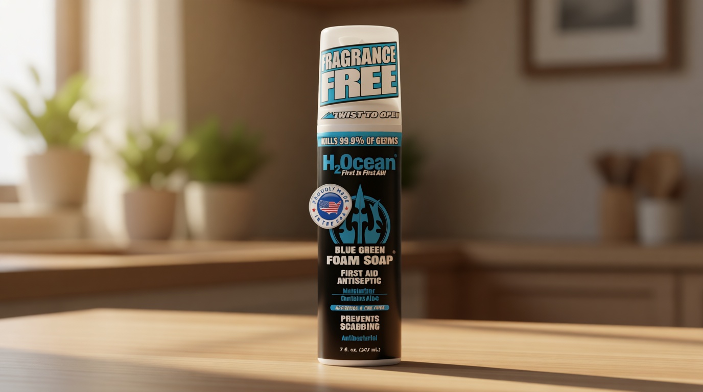 H2Ocean Blue Green Foam Soap - Tattoo Aftercare Cleanser, Antibacterial, Unscented, with Aloe Vera, Moisturizing Care, Safe for All Skin Types, No Harsh Chemicals, Fragrance Free - 7 oz