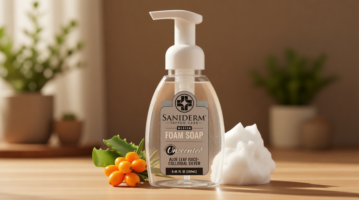Saniderm Foaming Tattoo Soap (8.45oz Home Size) – Gentle Soap for Tattooed Skin, Infused with Antimicrobial Colloidal Silver, Aloe Vera, and Nourishing Sea Buckthorn Oil