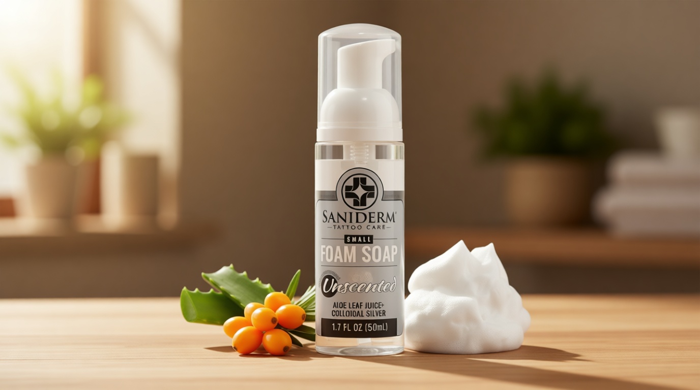 Saniderm Foaming Tattoo Soap (1.7oz Travel Size) – Gentle Soap for Tattooed Skin, Infused with Antimicrobial Colloidal Silver, Aloe Vera, and Nourishing Sea Buckthorn Oil