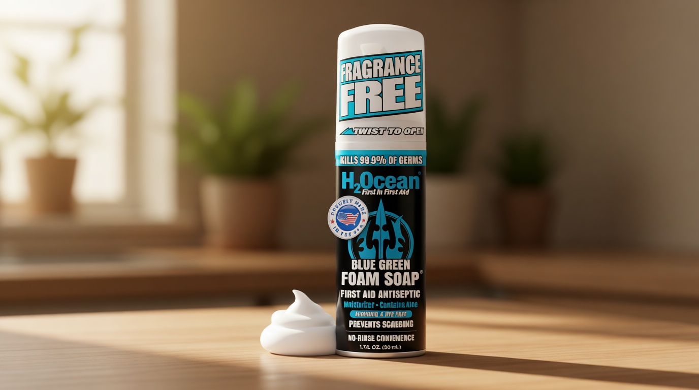 H2Ocean Blue Green Foam Soap - Tattoo Aftercare Cleanser, Travel Size Antibacterial, Unscented, with Aloe Vera, Moisturizing Care, Safe for All Skin Types, No Harsh Chemicals, Fragrance Free - 1.7 oz