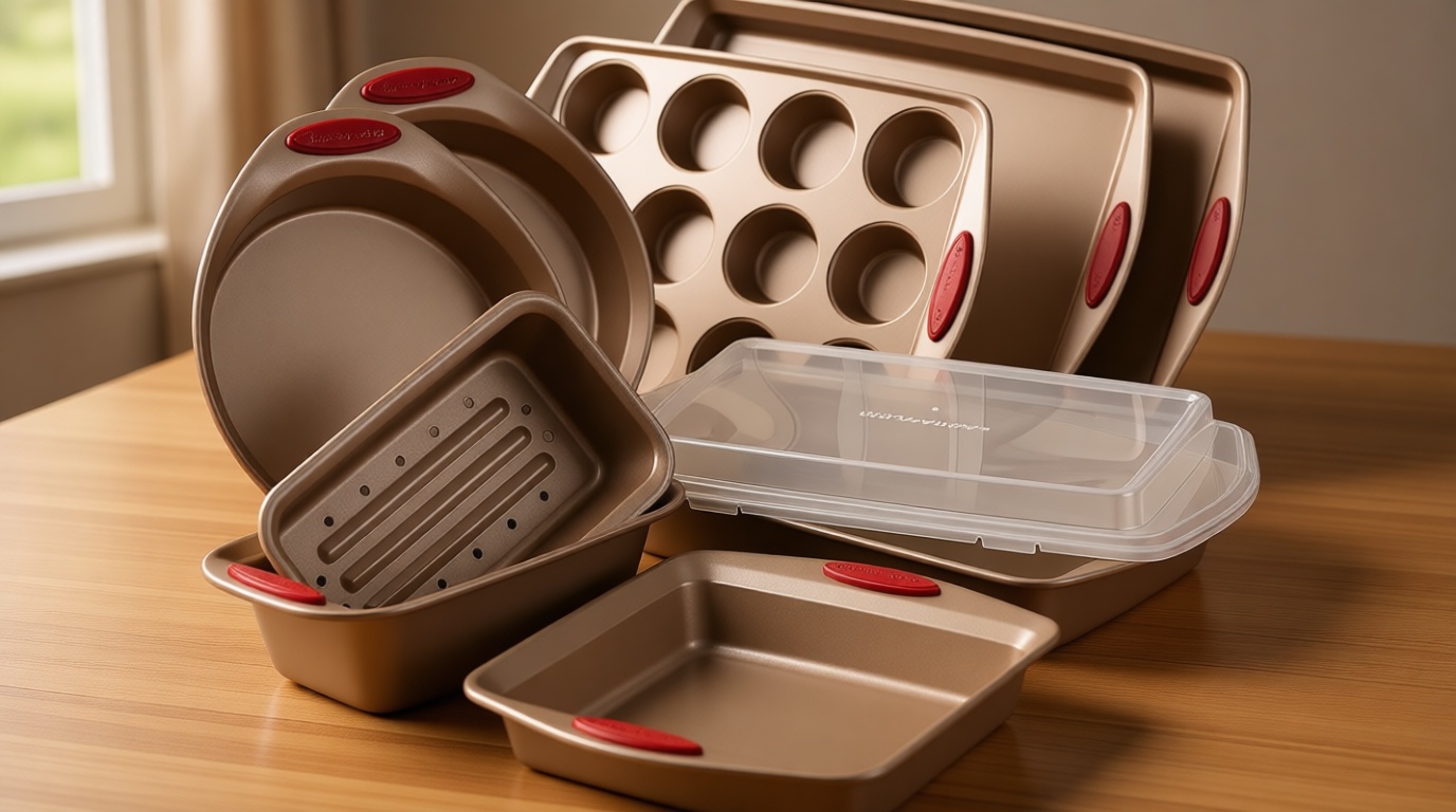 Rachael Ray Cucina Nonstick Bakeware Set Baking Cookie Sheets Cake Muffin Bread Pan, 10 Piece, Latte Brown with Cranberry Red Grips