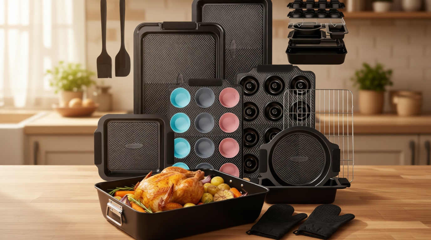 Kikcoin 25 PCS Stackable Baking Pans Set, Non-stick Bakeware Sets with Silicone Handles, 450°F Oven Safe Cookie Sheets for Baking, Easy Release Heavy-duty Baking Sheets Non Stick, Black