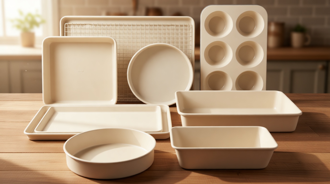 Martha Stewart Gallen 10 Piece Baking Pans Ceramic PFA Free Non Toxic Non Stick Bakeware Set - Linen White