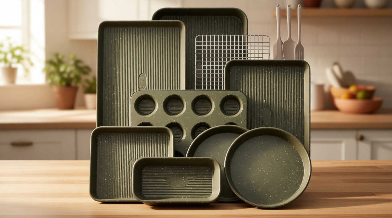 12-Piece Nonstick Baking Set, Non-Toxic Bakeware Sets with Baking Sheet, Cake Pan, Square Pan, Loaf Pan, Roasting Pan, Muffin Pan, Cookie Sheet, Cooling Rack & Kitchen Utensilss - Ceramic Coated Green