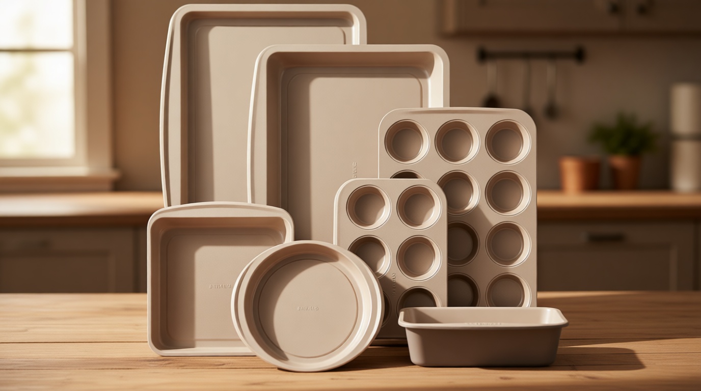 CAROTE 7-Piece Nonstick Stackable Baking Pans Set - Bakeware Sets Including Cookie Sheets for Baking, Muffin Pan, Bread Pan, Cake pan, Loaf Pan, Roasting Pan, Gray & Khaki