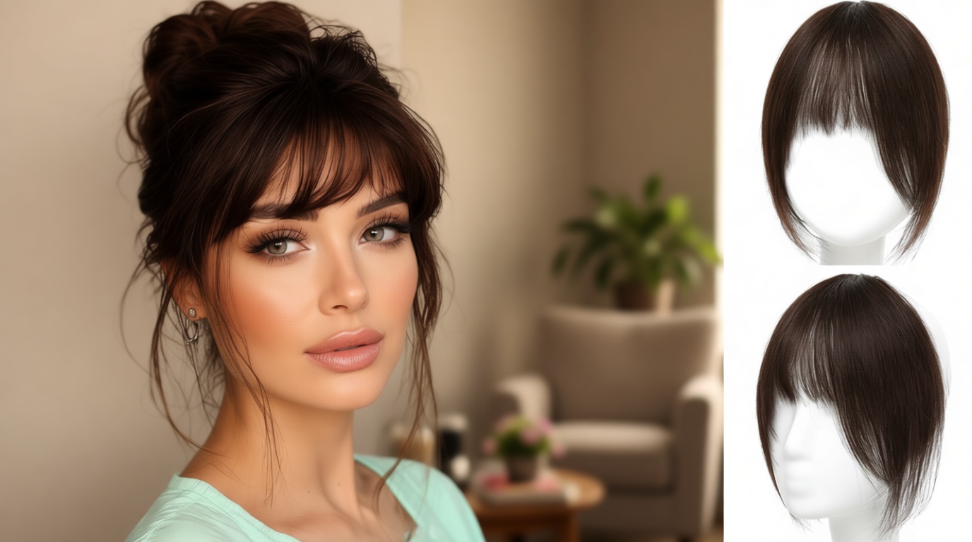 Clip in Bangs, 100% Real Human Hair French Fake Bangs Hair Clip for Women Dark Brown Natural Curtain Fringe with Temples Hairpieces for Daily Wear（French,Dark Brown）