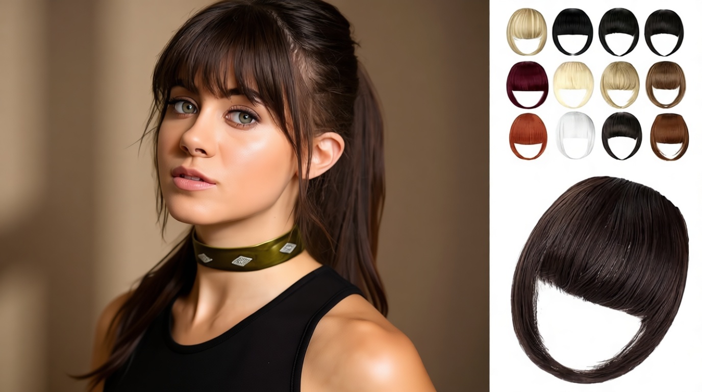 Clip in Bangs, Synthetic French Bangs Hair Clip, Fake Bangs Fringe with Temples Hairpieces for Women Natural Curved Hair Extensions for Daily Wear Medium Brown