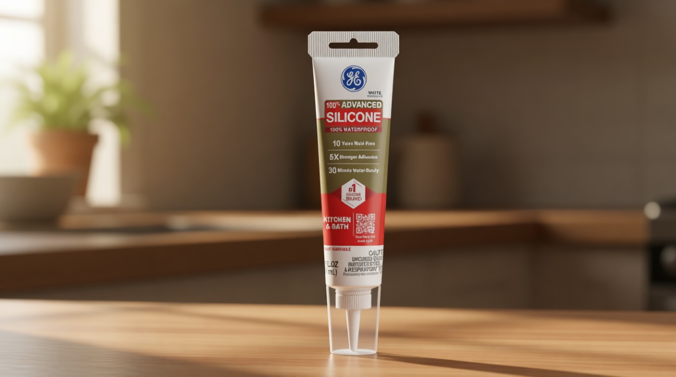 GE Advanced Silicone Caulk for Kitchen & Bathroom, White, 2.8 fl oz Tube, 1 Pack - 100% Waterproof Silicone Sealant, 5X Stronger Adhesion, Shrink & Crack Proof