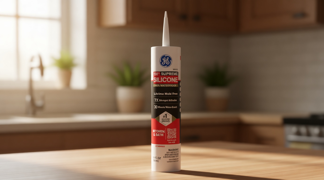 GE Supreme Silicone Caulk for Kitchen & Bathroom, White, 10 fl oz Cartridge, 1 Pack - 100% Waterproof Silicone Sealant, 7X Stronger Adhesion, Shrink & Crack Proof