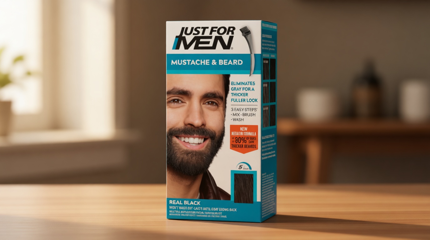 Just For Men Mustache & Beard multiple uses Beard Dye for Men with Brush Included, With Keratin Biotin Aloe and Coconut Oil for Healthy Facial Hair - Real Black, M-55, Pack of 1 (Packaging May Vary)