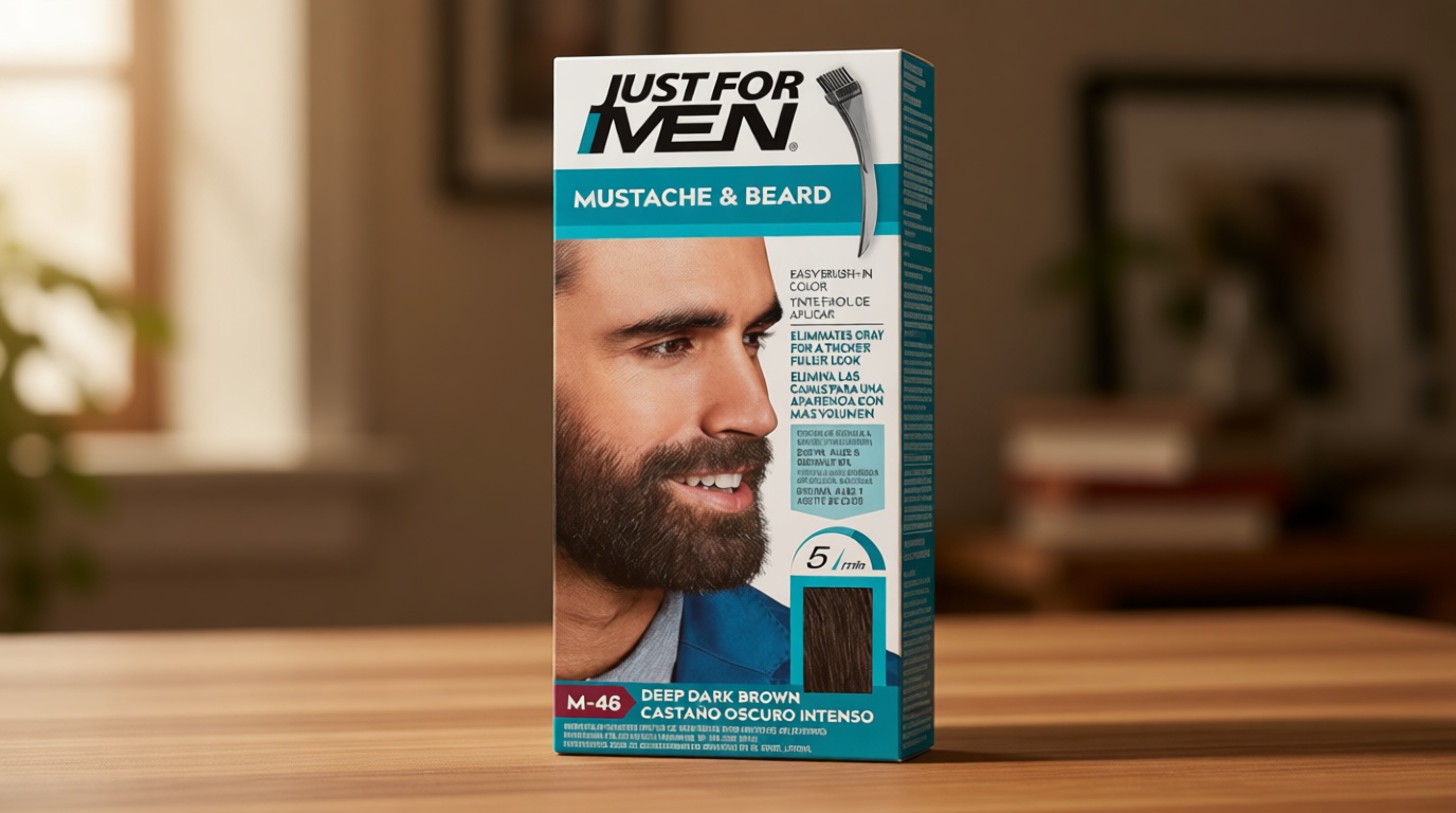 Just For Men Mustache & Beard, multiple uses Beard Dye for Men with Brush, With Keratin Biotin Aloe and Coconut Oil for Healthy Facial Hair - Deep Dark Brown, M-46, Pack of 1 (Packaging May Vary)