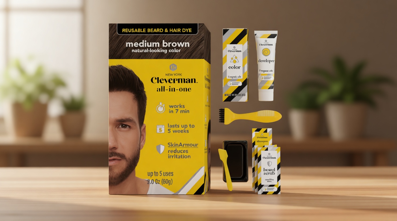 Reusable Hair & Beard Dye for Men – Medium Brown 5.13 | Up to 5 Uses, 7 Minutes | Natural Gray Coverage, No-Drip Cream with SkinArmour® – Cleverman