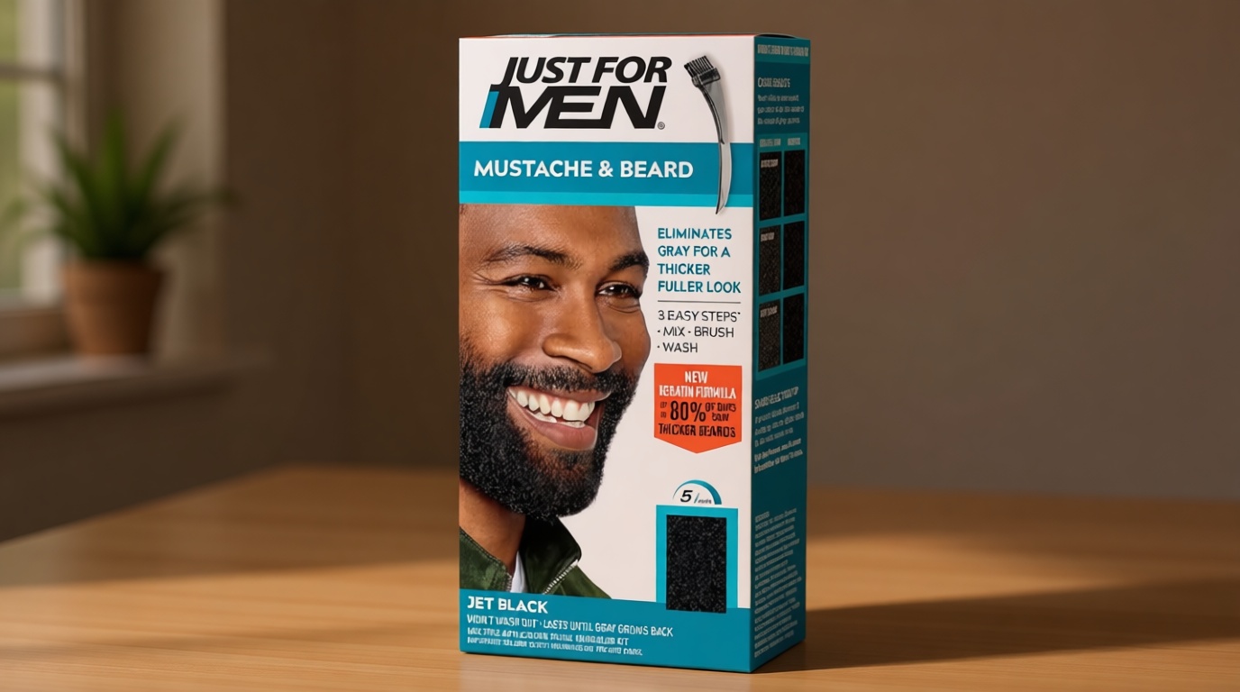 Just For Men Mustache & Beard, multiple uses Beard Coloring for Gray Hair with Brush, With Keratin Biotin Aloe and Coconut Oil for Healthy Facial Hair - Jet Black, M-60, Pack of 1 (Packaging May Vary)