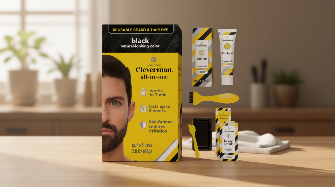 Reusable Hair & Beard Dye for Men – Black 1.0 | Up to 5 Uses, 7 Minutes | Natural Gray Coverage, No-Drip Cream with SkinArmour – Cleverman