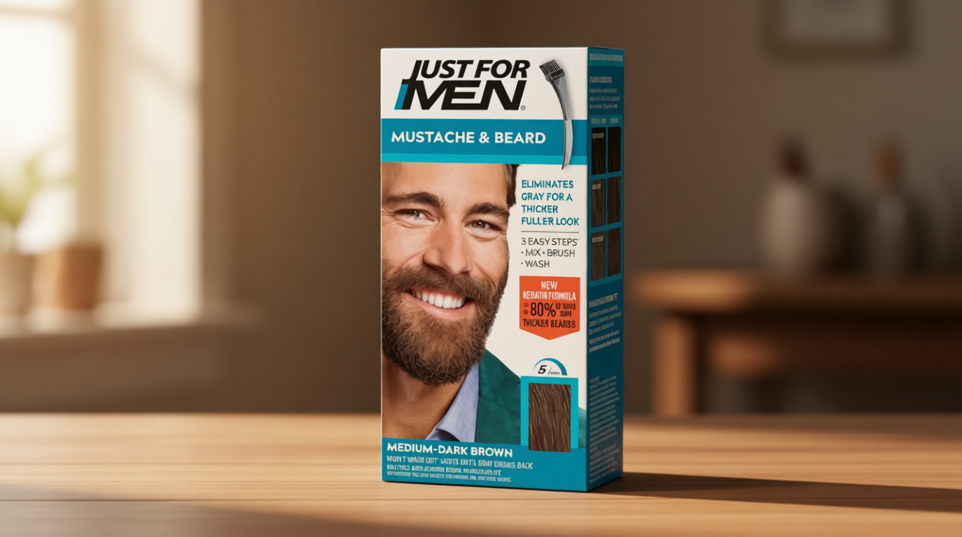 Just For Men Mustache & Beard multiple uses Beard Coloring for Gray Hair with Brush, Keratin Biotin Aloe and Coconut Oil for Healthy Facial Hair Medium-Dark Brown, M-40, Pack of 1 (Packaging May Vary)