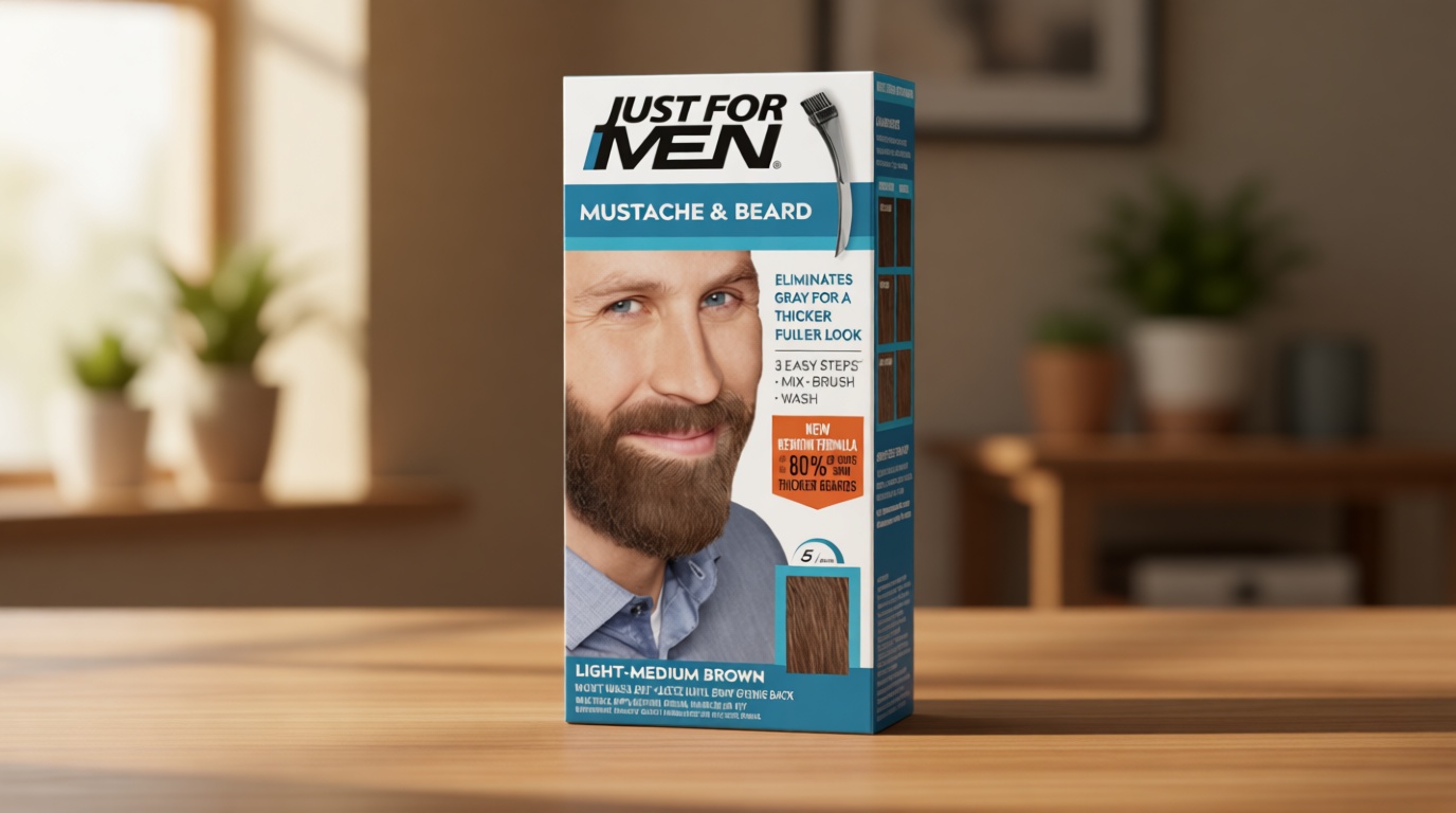 Just For Men Mustache & Beard multiple uses Beard Coloring for Gray Hair with Brush. Keratin Biotin Aloe and Coconut Oil for Healthy Facial Hair Light Medium Brown M-30 Pack of 1 (Packaging May Vary)