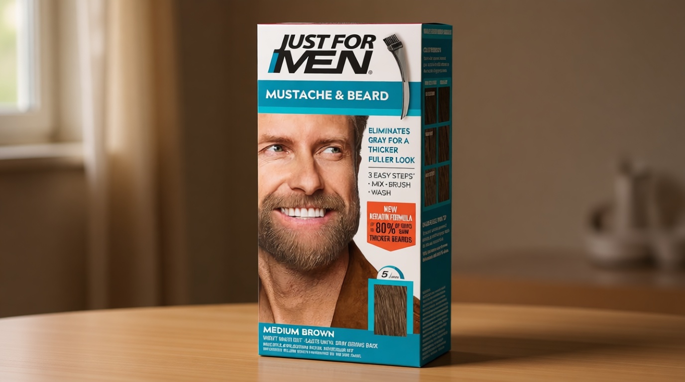 Just For Men Mustache & Beard multiple uses Beard Coloring for Gray Hair with Brush, With Keratin Biotin Aloe and Coconut Oil for Healthy Facial Hair Medium Brown, M-35, Pack of 1 (Packaging May Vary)