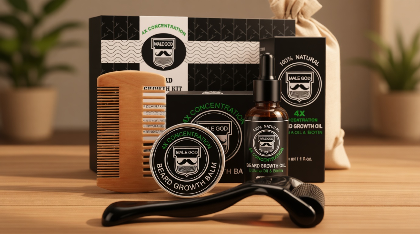 MALE GOD Beard Kit, Beard Growth Kit w/Natural Ingredients Beard Oil & Balm, Men's Care & Grooming Set w/Beard Growth Oil, Comb, Anniversary | Birthday Gifts for Men, Him, Husband, Boyfriend, Dad
