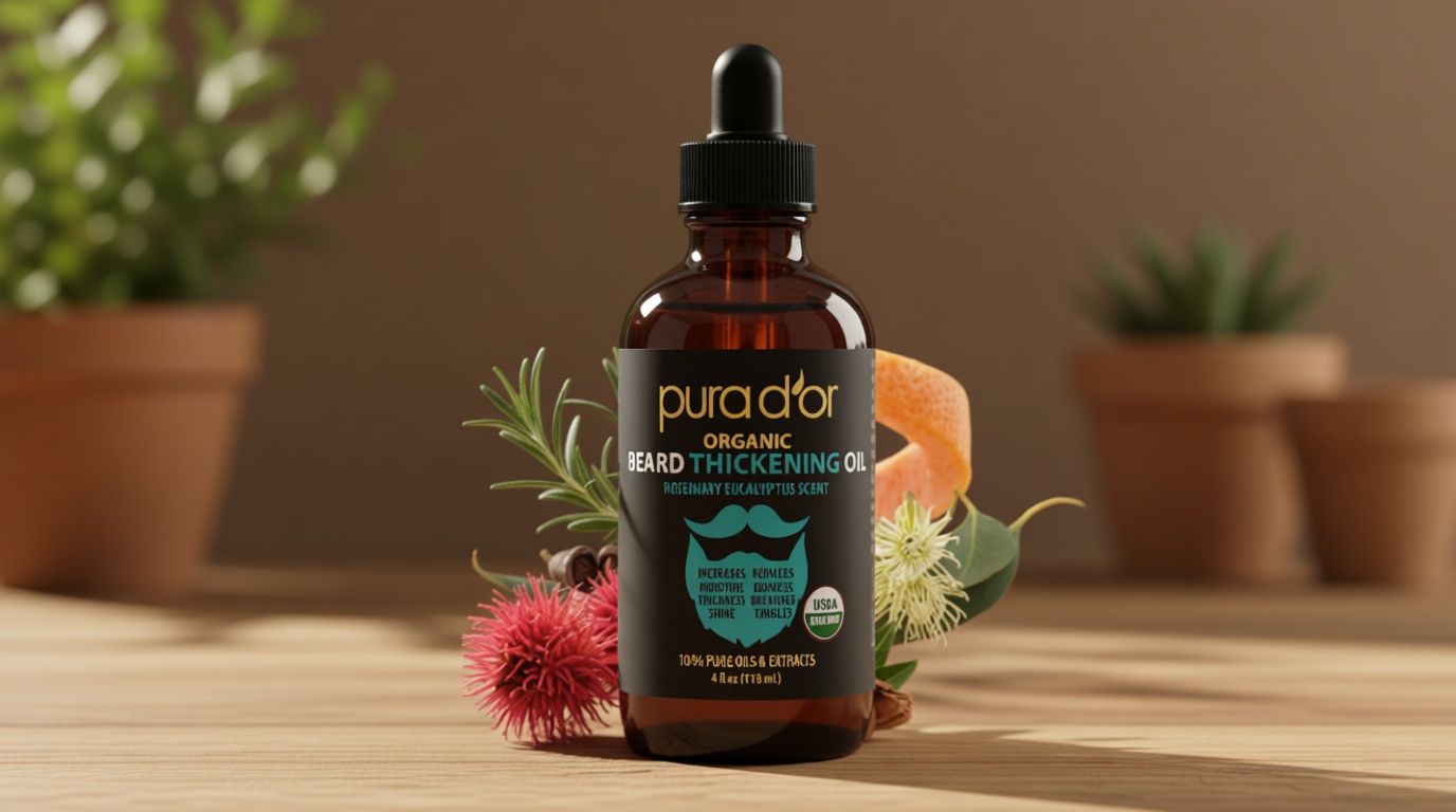 PURA D'OR 4 Oz Thickening Beard Oil – Moisturizing Blend with Rosemary, Biotin & Castor Oil – Increases Moisture, Thickness and Shine - Reduces Dryness and Breakage USDA Organic