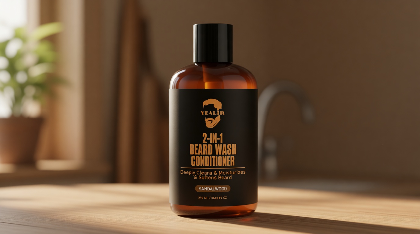 YEALIR 2-in-1 Beard Wash and Conditioner – Cleanse, Hydrate & Soften Dry, Coarse Beard, Beard Shampoo for a Fuller & Healthier Beard –Sandalwood Scent, 8.45 oz