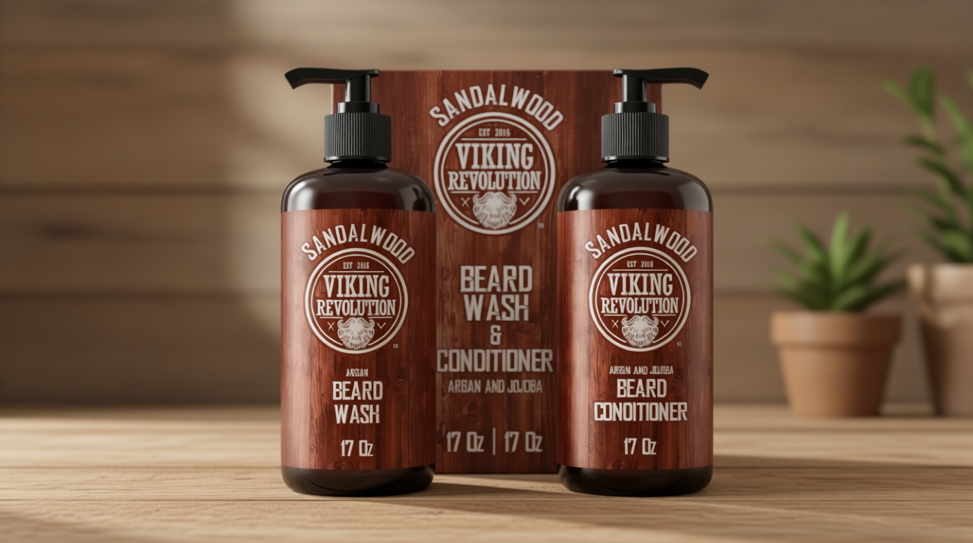 Viking Revolution Beard Wash & Beard Conditioner Set with Argan & Jojoba Oils - Softens and Strengthens - Natural Sandalwood Scent - Beard Shampoo with Beard Oil (17 oz)