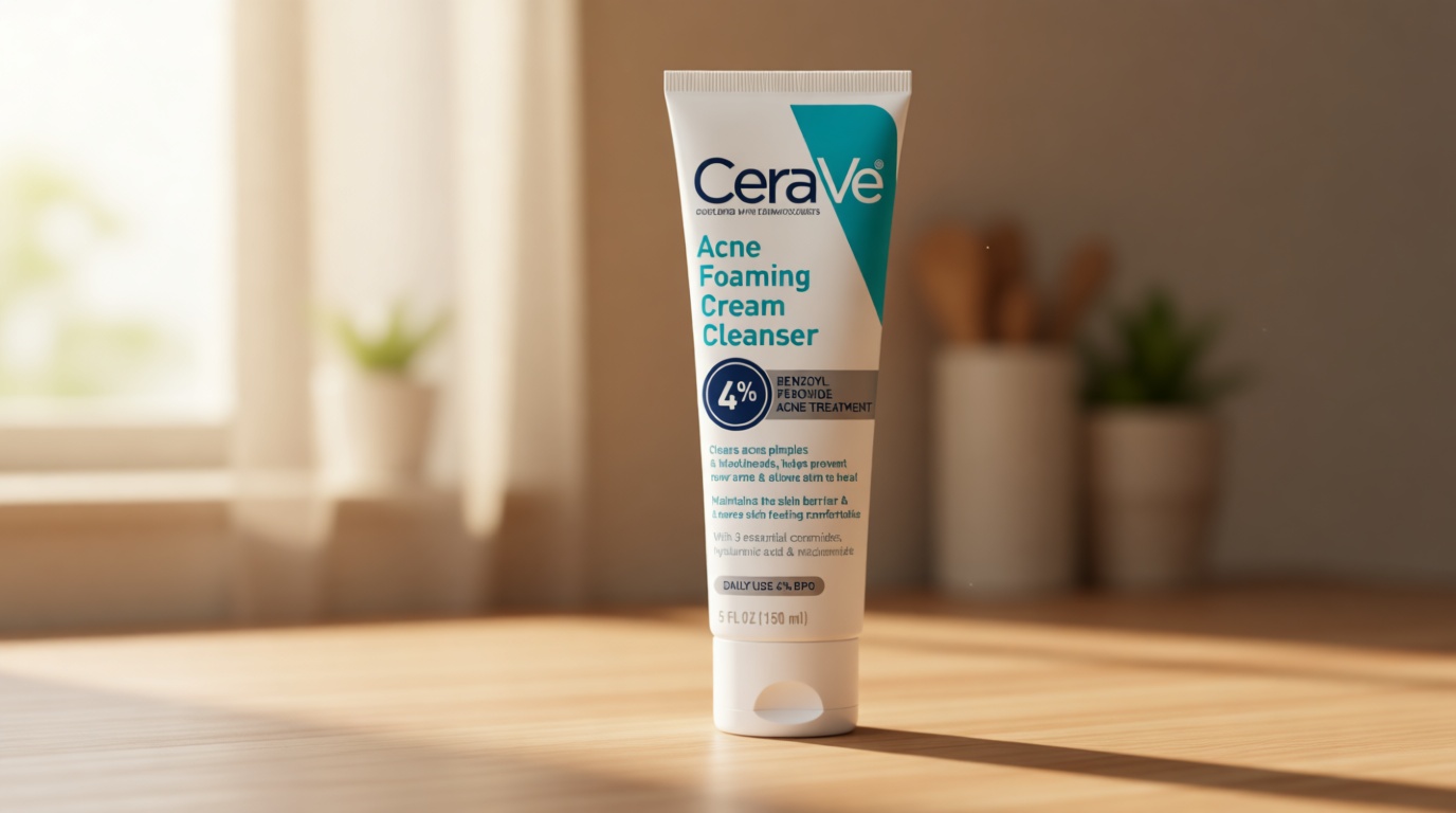 CeraVe Acne Foaming Cream Cleanser, 4% Benzoyl Peroxide Face Wash With Hyaluronic Acid, Niacinamide & Ceramides, Gentle Daily Acne Treatment For Face