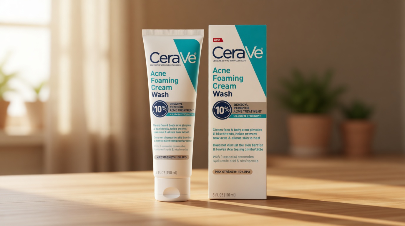 CeraVe Acne Foaming Cream Wash, Gentle Face and Body Cleanser with Benzoyl Peroxide 10%, Hyaluronic Acid, and Niacinamide, 10% Benzoyl Peroxide Treatment Clears Pimples and Blackheads 5 Oz