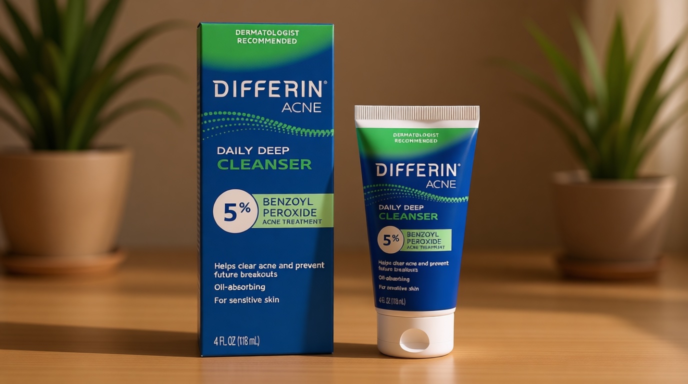 Differin Acne Face Wash with 5% Benzoyl Peroxide, Daily Deep Cleanser by the makers of Differin Gel, Gentle Skin Care for Acne Prone Sensitive Skin, 4 oz (Packaging May Vary)