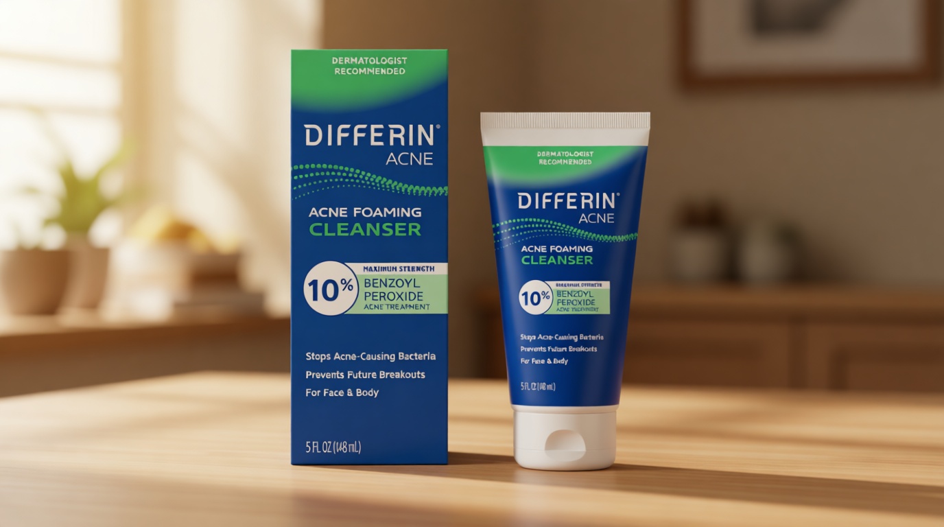 Differin Acne Face Wash with 10% Benzoyl Peroxide, Maximum Strength OTC Acne Foaming Cleanser, Fast Acting Acne Treatment for Face and Body, 5 oz.