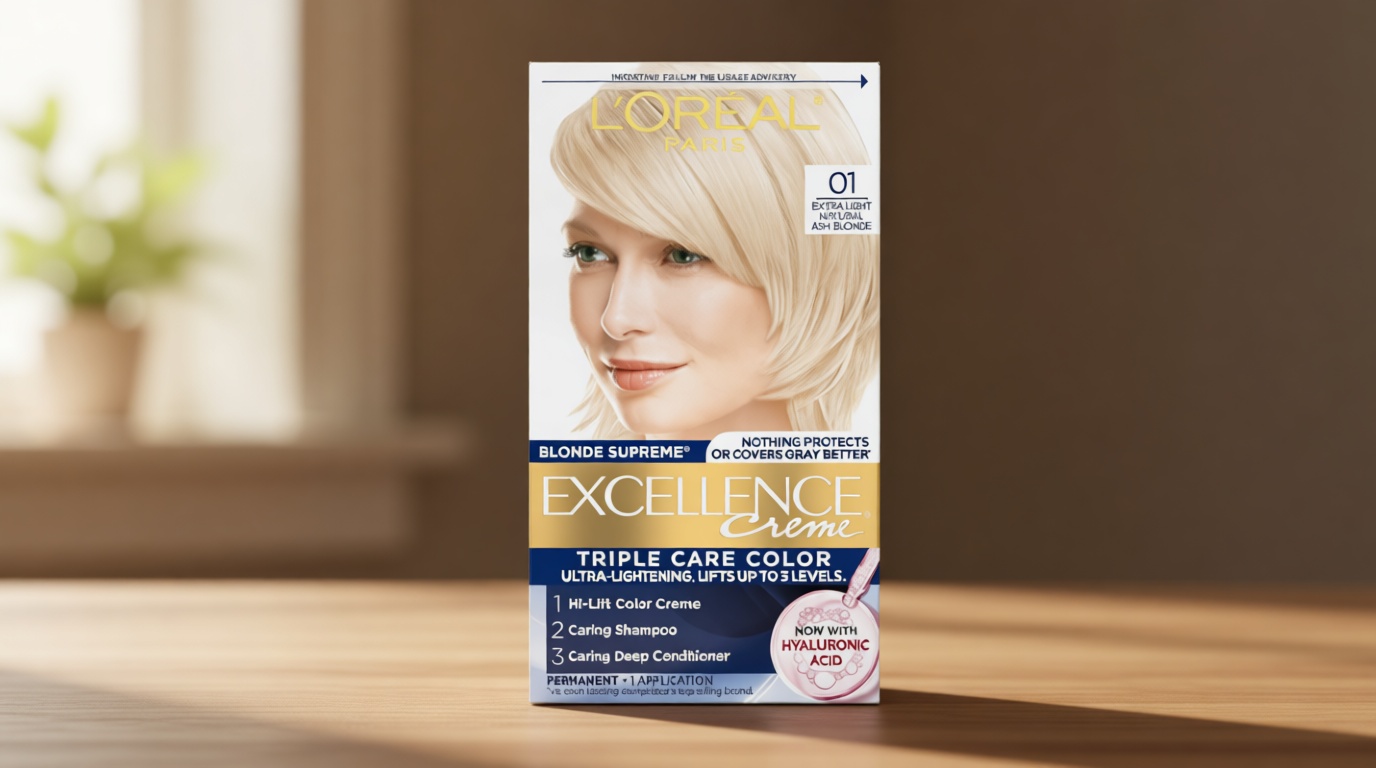 L'Oreal Paris Excellence Crème Permanent Hair Dye, Triple Care Hair Color with Hyaluronic Acid for 100% Gray Coverage, 01 Extra Light Natural Ash Blonde, 1 Kit (Packaging May Vary)