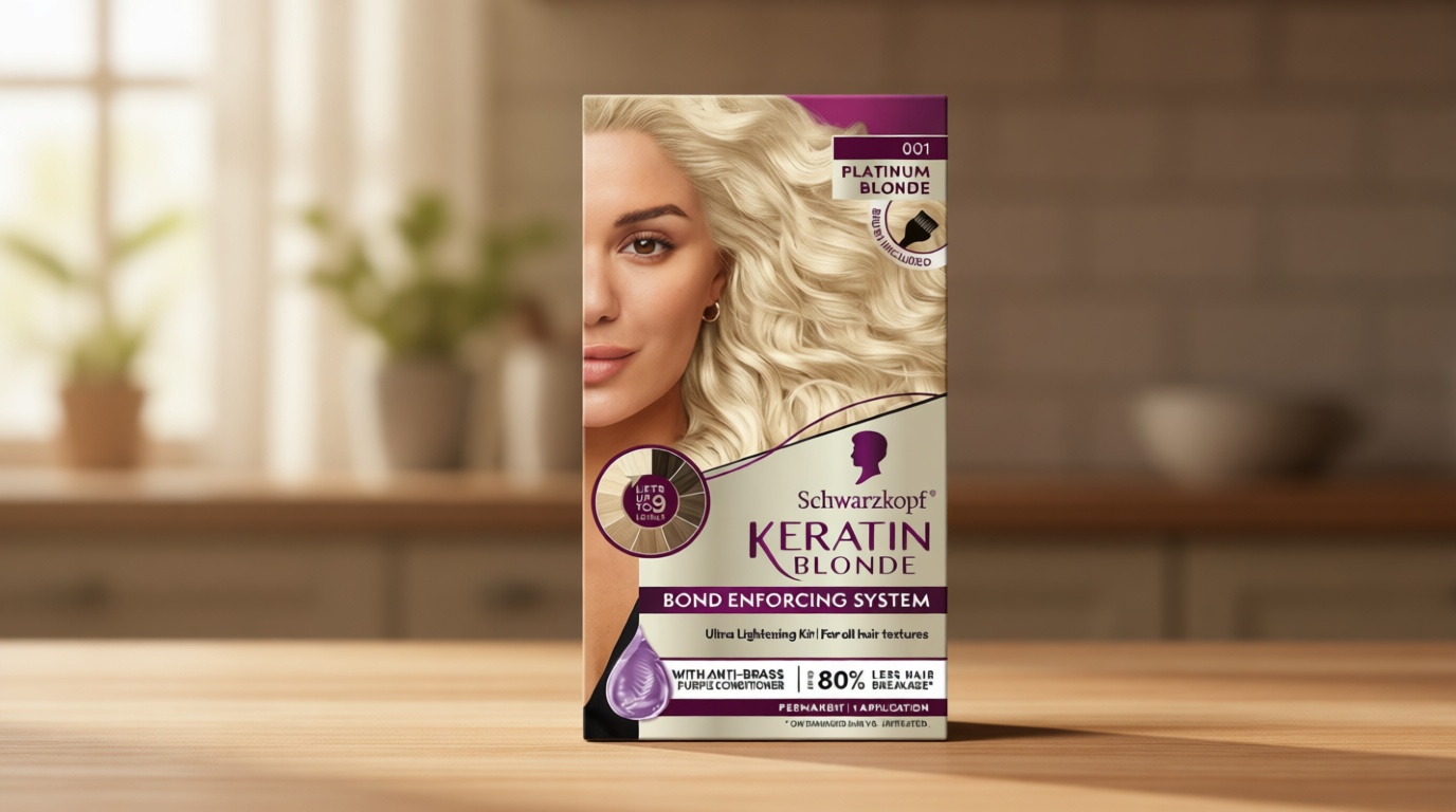 Schwarzkopf Keratin Blonde Hair Dye, 001 High Lift Platinum Blonde, Professional Quality Permanent Hair Color, Bond Enforcing System, Pre-Color Serum & Purple Conditioner Included