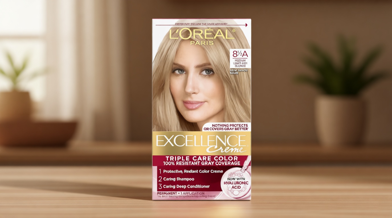 L'Oreal Paris Excellence Crème Permanent Hair Dye, Triple Care Hair Color with Hyaluronic Acid for 100% Gray Coverage, 8.5A Medium Light Ash Blonde, 1 Kit (Packaging May Vary)