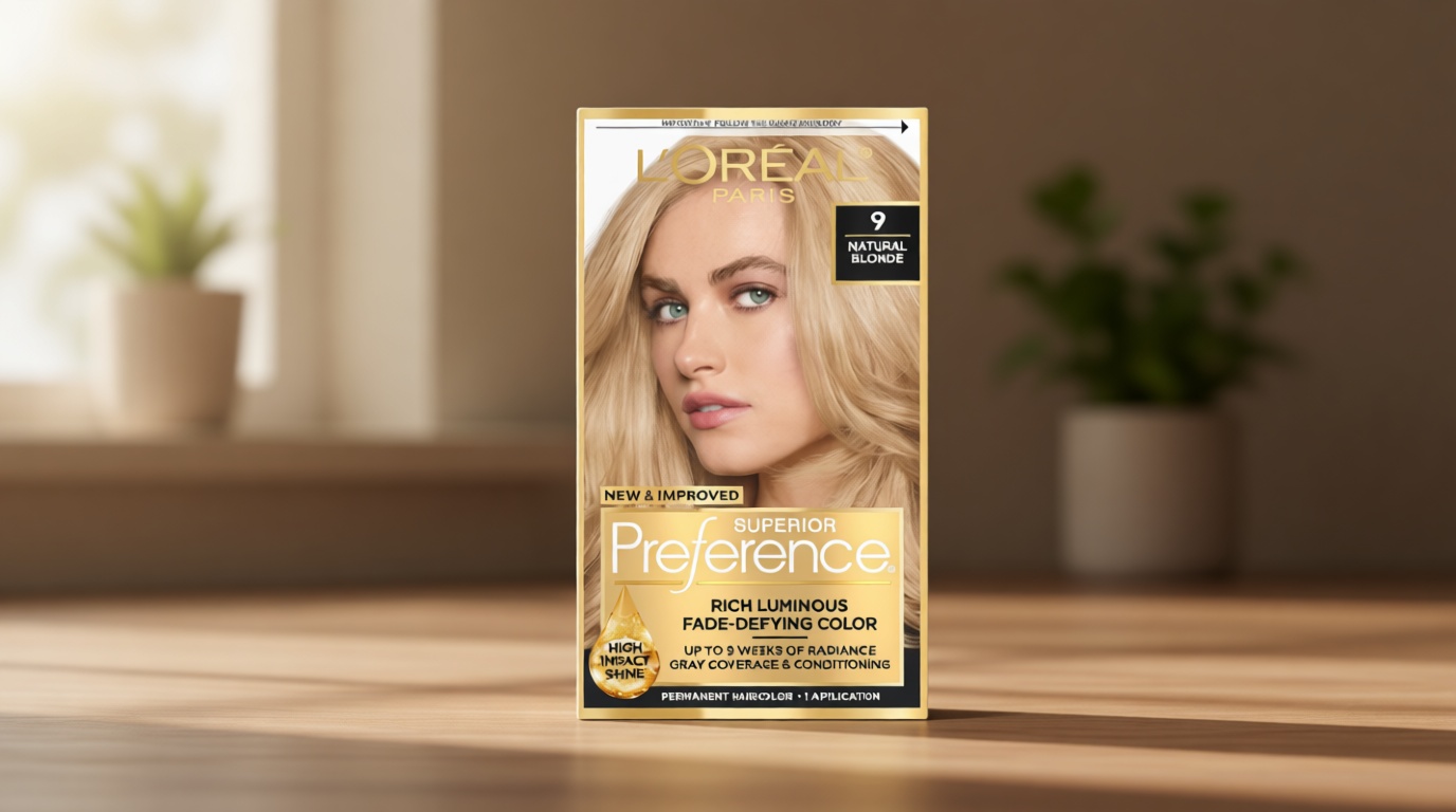 L'Oreal Paris Superior Preference Luminous Fade-Defying Permanent Hair Color, Hair Dye For Up to 9 Weeks of Radiance, Natural Blonde 9, 1 Hair Dye Kit