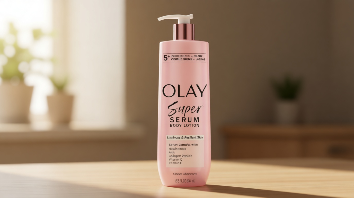Olay Super Serum Hand & Body Lotion for Dry Skin, 24hr Long Lasting Hydration, 5+ Ingredient Complex for Bright Even Firm Luminous Skin, Sweet Vanilla & Soft Wood Scent, 18.5 fl oz