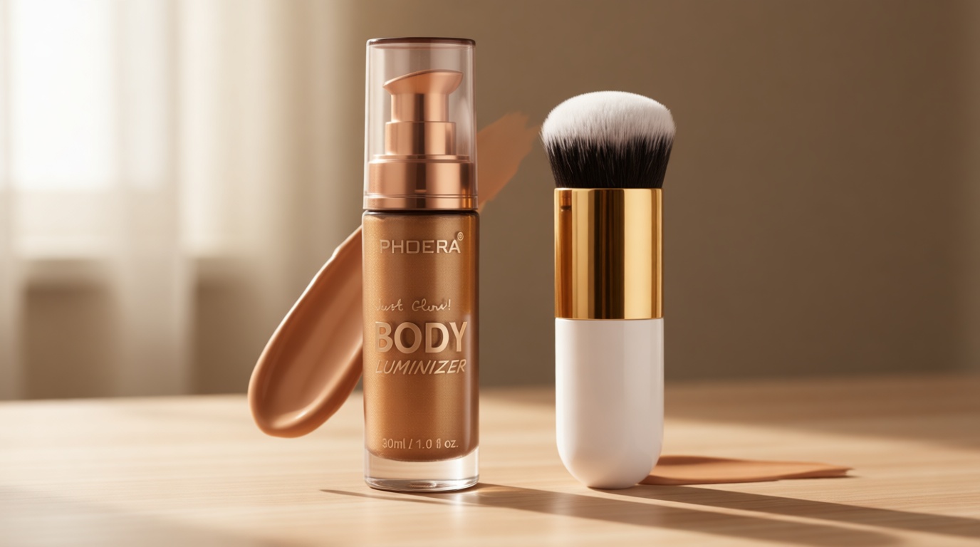Body Shimmer Oil, Glistening Bronze Natural Glow Luminizer, Long Lasting Moisturizing Liquid Illuminator Highlighter Makeup for a Sun-Kissed Glow, Brush Include, 1oz, Medium