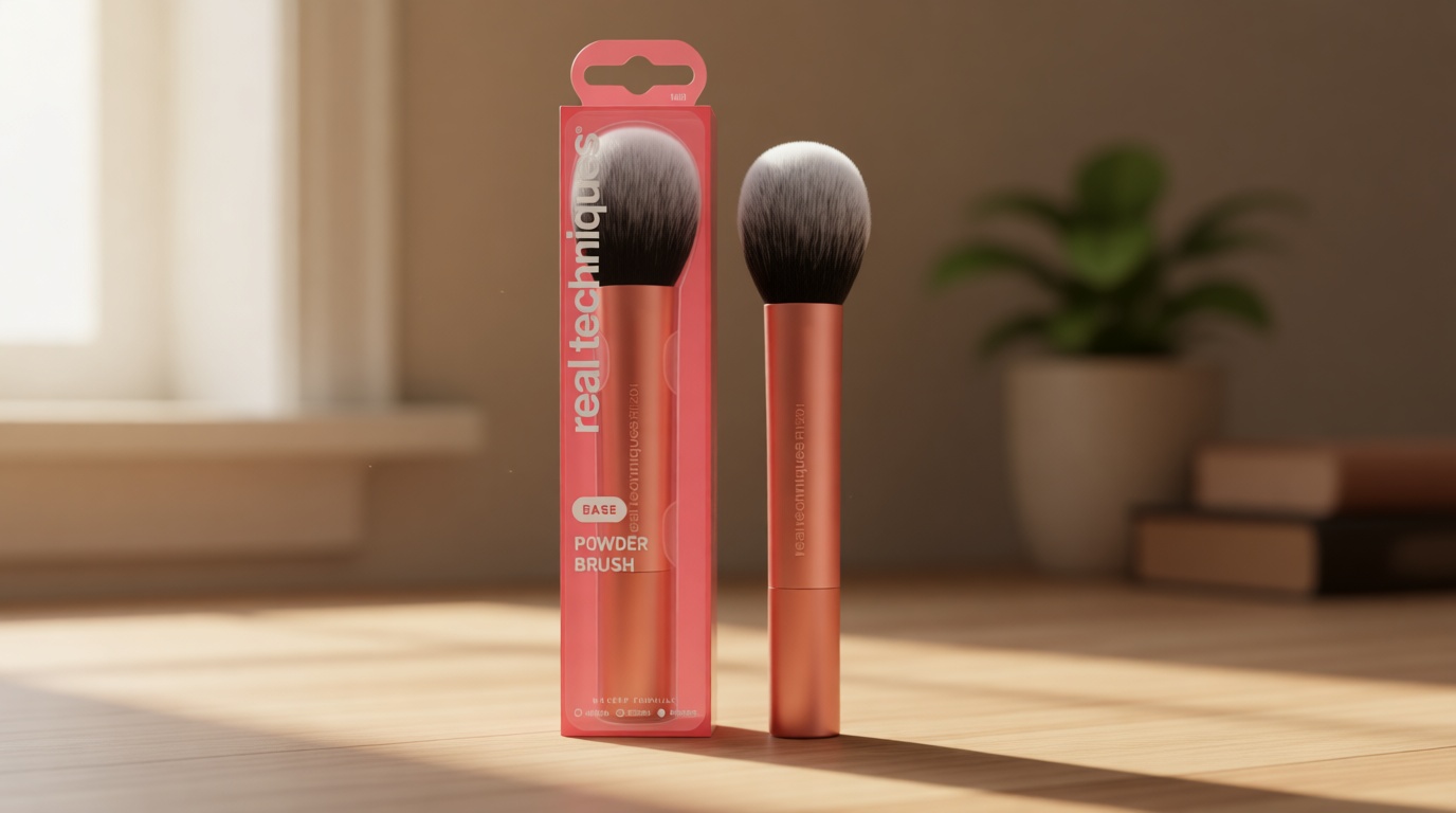 Real Techniques Cruelty Free Powder Brush With Ultra Plush Custom Cut Synthetic Bristles and Extended Aluminum Ferrules to Build Coverage