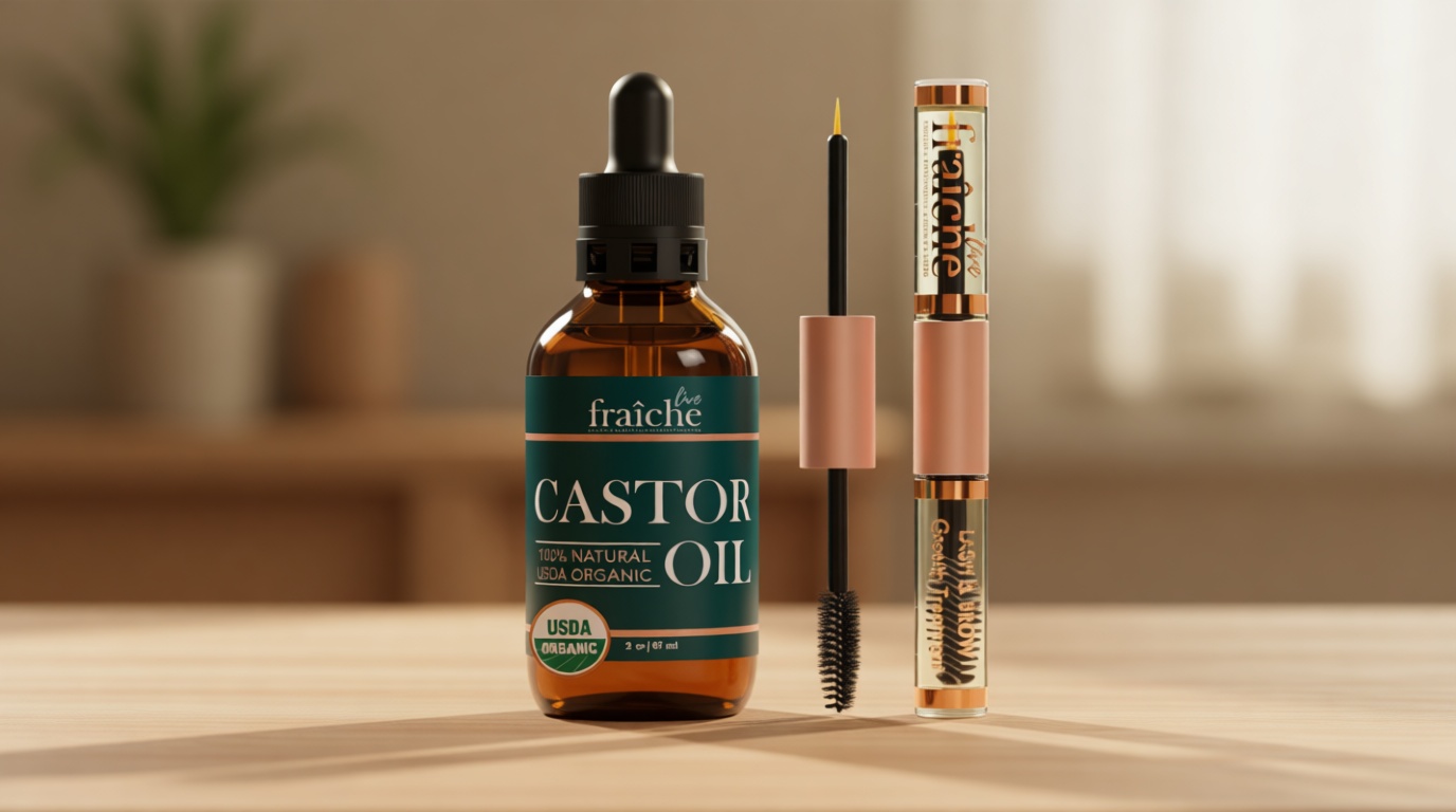 Live Fraiche Organic Castor Oil Lash Serum for Hair Growth, 100% Pure Eyebrow Eyelash Growth Serum, Cold Pressed Hexane Free (2oz Glass Bottle + FILLED Mascara Tube) USDA Organic