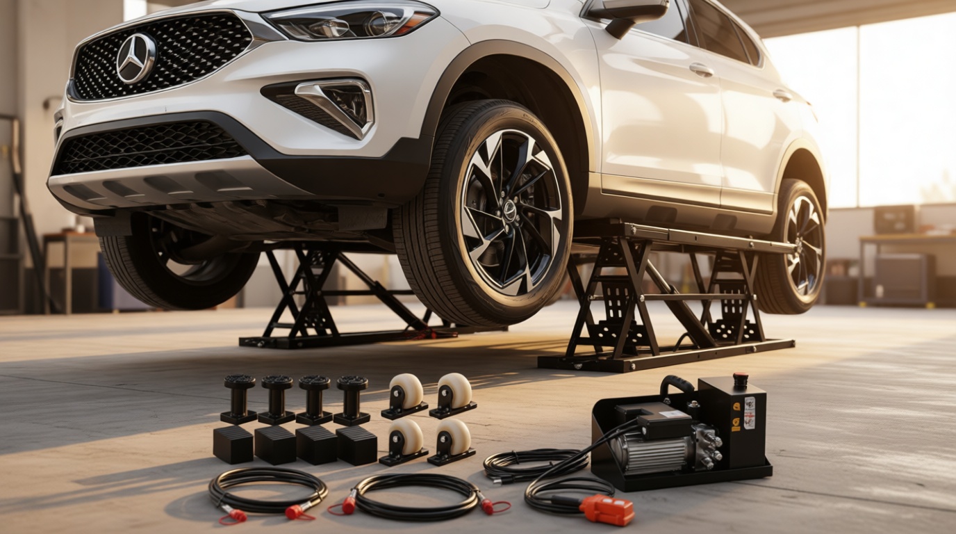 VEVOR Portable Car Lift, 9000 lbs Capacity, Heavy Duty Steel Truck Lift with 28" Max Height, 120V Power Unit, Wheels, 4 Rubber Pads & 4 Lifting Columns for Cars, SUVs, Trucks, Home Garage or Shop Use