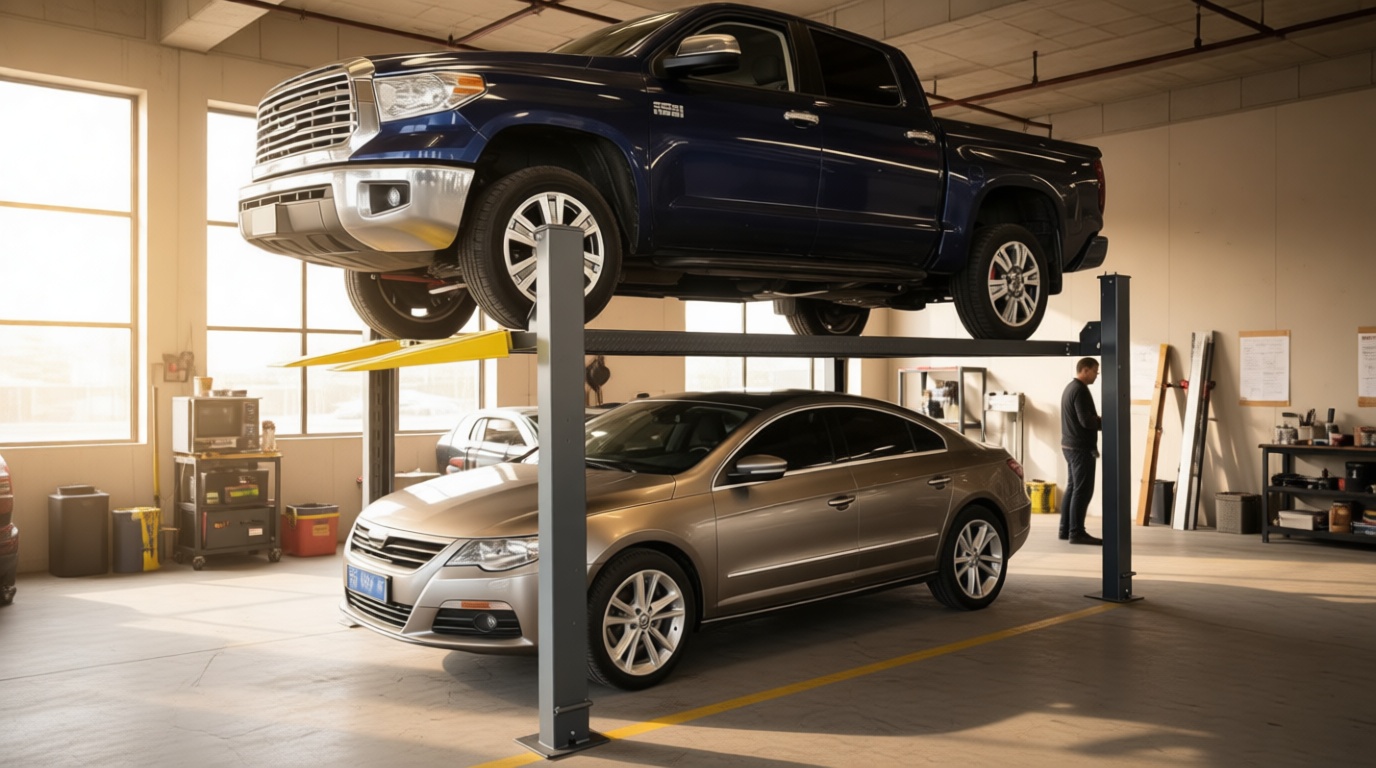 KATOOL 8500lbs 4/Post Car Lift 3.0HP Parking Lift with Double Locks More Safety Extra Height Width Length 70.8" Lifting Height 4 Post Storage Service Lift for Home Garage and Shop, Gray