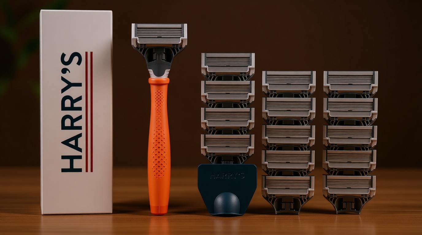 Harry's Original Shaving Kit for Men - Razor Handle, 15 Razor Blade Refills, and Travel Blade Cover - German Engineered - Orange