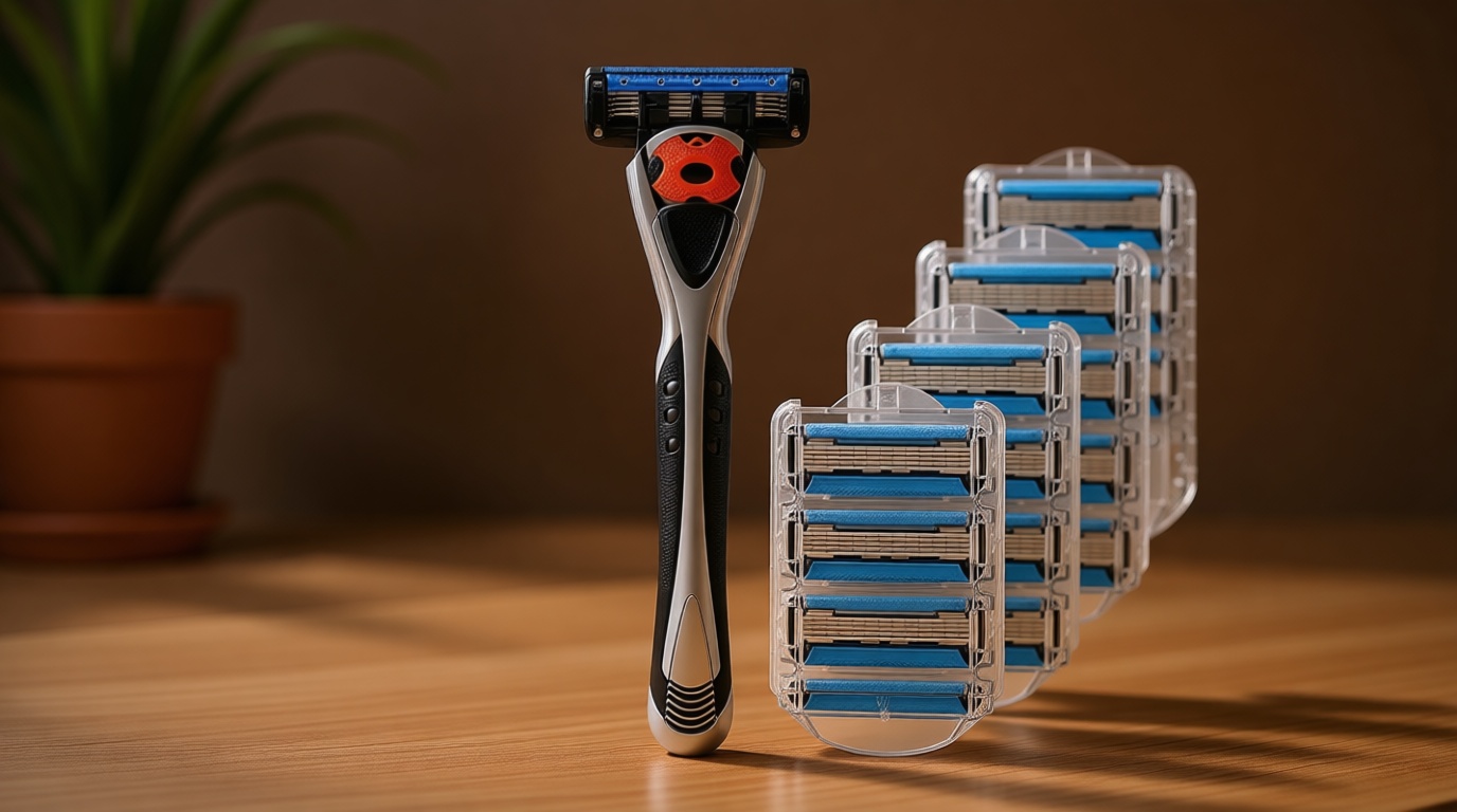 Amazon Basics 5-Blade MotionSphere Men's Razor with Dual Lubrication and Precision Trimmer, 17 Piece Set, 1 Handle & 16 Cartridges, Black