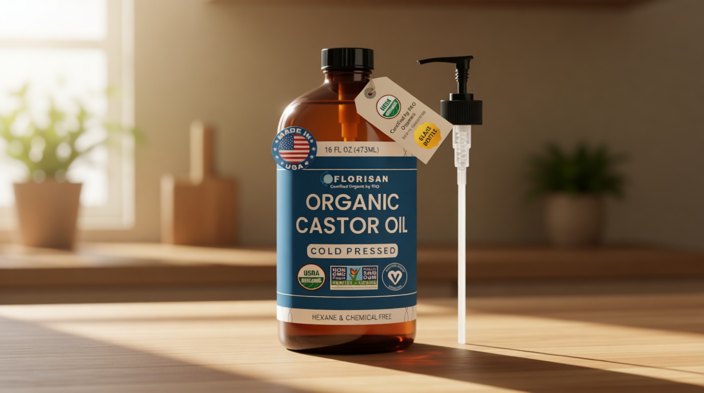 Florisan Organic Castor Oil 16oz Glass Bottle, Cold Pressed, Hexane-Free, Non-GMO, 100% Pure Castor Oil for Hair Growth, Skin, Lashes, Eyebrows, EWG Verified & USDA Organic Certified