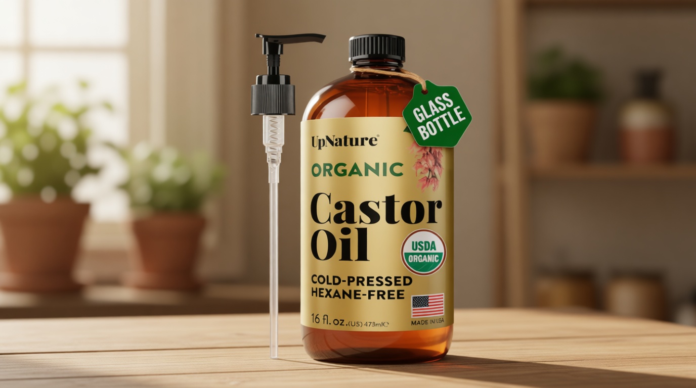 UpNature Organic Castor Oil Cold Pressed Glass Bottle 16oz - 100% Pure USDA Certified, Hexane Free - For Face, Hair & Skin USDA Organic