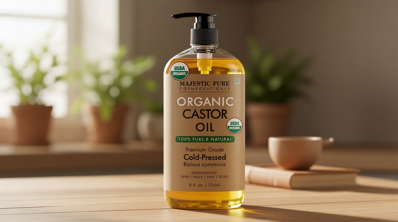 Majestic Pure Oil - 100% Pure and Natural- Cold Pressed & Hexane Free Natural Hair Growth Oil for Eyelashes, Eyebrows, Skin, Body, Face, Nails & Scalp - USDA Organic Castor Oil 8 Fl Oz USDA Organic